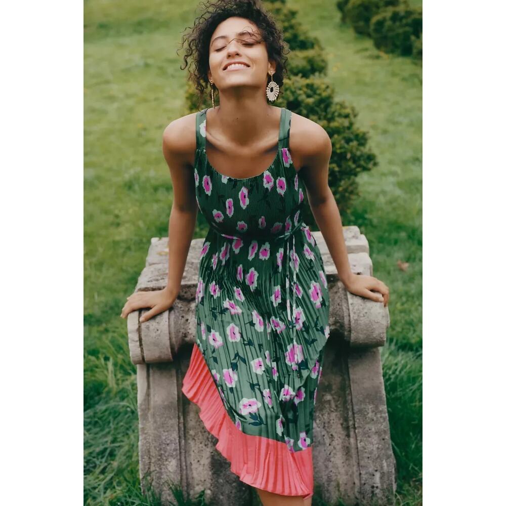 Anthropologie Green and Pink Floral Midi Dress